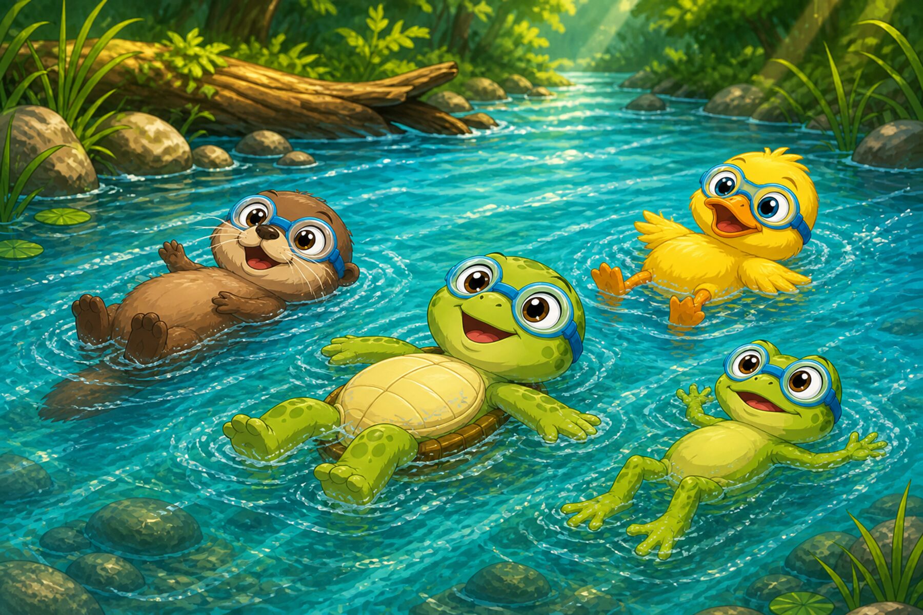 Illustration of young animals floating on their backs in a creek